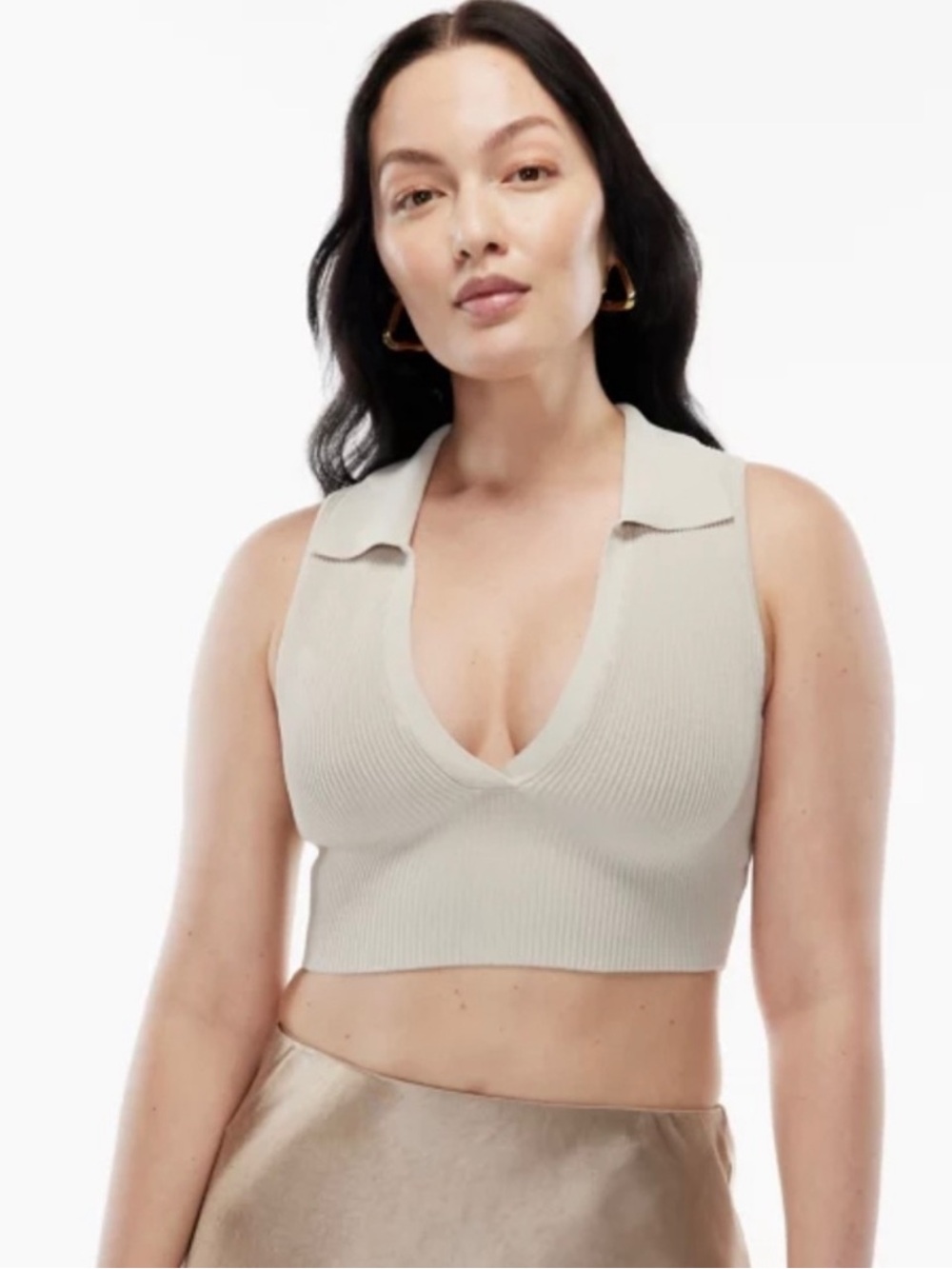 ARITZIA Babaton Sculpt Knit Collar Crop Top in Light Beige